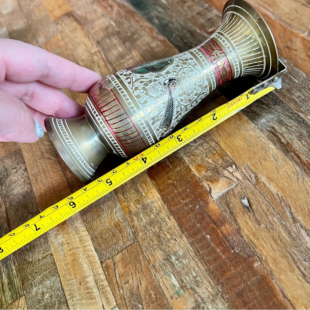 Vintage Indian Brass Vase with Etching and Painted Design - Picture 6 of 8